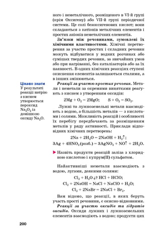 Цікаво знати
У результаті
реакції натрію
з киснем
утворюється
пероксид
Na20 2із
домішкою
оксиду Na20.
ного і неметалічного, розміщеного в VI-й групі
(крім Оксигену) або VII-й групі періодичної
системи. Це солі безоксигенових кислот; вони
складаються з катіонів металічних елементів і
простих аніонів неметалічних елементів.
Зв’язки між речовинами, зумовлені їх
хімічними властивостями. Хімічні перетво­
рення за участю простих і складних речовин
можуть відбуватися у водних розчинах або
сумішах твердих речовин, за звичайних умов
або при нагріванні, без каталізаторів або за їх
наявності. В одних хімічних реакціях ступені
окиснення елементів залишаються сталими, а
в інших змінюються.
Реакції за уч а с тю п р о с ти х речовин. Мета­
ли і неметали за окремими винятками реагу­
ють з киснем з утворенням оксидів:
2Mg + 0 2= 2MgO; S + 0 2= S02.
Лужні та лужноземельні метали взаємоді­
ють з водою, а більшість металів — з кислота­
ми і солями. Можливість реакцій і особливості
їх перебігу передбачають за розміщенням
металів у ряду активності. Приклади відпо­
відних хімічних перетворень:
2Na + 2Н20 = 2NaOH + Н2Т;
3Ag + 4HN03(розб.) = 3AgN03+ NOT + 2Н20.
►Назвіть продукти реакцій заліза з хлорид-
ною кислотою і купрум(ІІ) сульфатом.
Н айактивніш і неметали взаємодіють з
водою, лугами, деякими солями:
С12+ Н20 н е ї + НСЮ;
С12+ 2NaOH = NaCl + NaCIO + Н20;
Cl2+ 2NaBr = 2NaCl + Br2.
Вам відомо, що реакції, в яких беруть
участь прості речовини, є окисно-відновними.
Реакції за уч а с тю оксидів т а гід р а тів
оксидів. Оксиди лужних і лужноземельних
елементів взаємодіють з водою; продукти цих
200
 