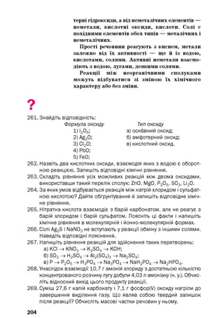 терні гідроксиди, а від неметалічних елементів —
неметали, кислотні оксиди, кислоти. Солі є
похідними елементів обох типів — металічних і
неметалічних.
Прості речовини реагують з киснем, метали
залежно від їх активності — ще й із водою,
кислотами, солями. Активні неметали взаємо­
діють з водою, лугами, деякими солями.
Реакції між неорганічними сполуками
можуть відбуватися зі зміною їх хімічного
характеру або без зміни.
261. Знайдіть відповідність:
Формула оксиду Тип оксиду
і) і2 о5; а) основний оксид;
2) Ag2 0; б) амфотерний оксид;
3) СІ2 0; в) кислотний оксид.
4) РЬО;
5) FeO;
262. Назвіть два кислотних оксиди, взаємодія яких з водою є оборот­
ною реакцією. Запишіть відповідні хімічні рівняння.
263. Складіть рівняння усіх можливих реакцій між двома оксидами,
використавши такий перелік сполук: ZnO, MgO, Р2 05, S03, Li2 0.
264. За яких умов відбувається реакція між натрій хлоридом і сульфат­
ною кислотою? Дайте обґрунтування й запишіть відповідне хіміч­
не рівняння.
265. Нітратна кислота взаємодіє з барій карбонатом, але не реагує з
барій хлоридом і барій сульфатом. Поясніть ці факти і напишіть
хімічне рівняння в молекулярній і йонно-молекулярній формах.
266. Солі Ag2S і NaN03 не вступають у реакції обміну з іншими солями.
Наведіть відповідні пояснення.
267. Напишіть рівняння реакцій для здійснення таких перетворень:
а) КСІ -> KN03 -> K2 S04 -> КОН;
б) S03 —>H2 S04 —>AI2 (S04 ) 3 —>Na2 S04;
в) P -» P2 05 -» H3 P04 -» Na3 P04 -» NaH2 P04 -» Na2 HP04.
268. Унаслідок взаємодії 10,7 г амоній хлориду з достатньою кількістю
концентрованого розчину лугу добули 4,03 л амоніаку (н. у.). Обчис­
літь відносний вихід цього продукту реакції.
269. Суміш 27,6 г калій карбонату і 7,1 г фосфор(У) оксиду нагріли до
завершення виділення газу. Що являв собою твердий залишок
після реакції? Обчисліть масові частки речовин у ньому.
204
 