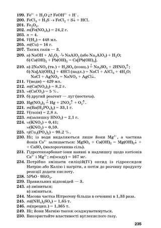 199. Fe3++ H20 FeOH2++ H+.
200. FeCL + H 2S -> FeCL + S i + HC1.
201. Fe20 3.
202. /?i(Fe(N03)3) = 24,2 r.
203. n = 4.
204. F(H2) = 448 мл.
205. m(Cu) = 16 r.
207. Таких газів — 3.
209. a) NaOH + A120 3-b NaA102(або Na3A103) + H20;
6) Ca(OH)2+ Pb(OH)2= Ca[Pb(OH)4].
210. a) 2NaN03( t b .) + H2S04(конц.) = Na2S04+ 2HN03T;
б) Na[Al(OH)4] + 4HC1 (надл.) = NaCl + A1C13+ 4HaO;
NaCl + AgNOg = NaNOg + AgClI.
211. Р(води) = 429 мл.
212. /?i(Ca(N03)2) = 8,2 r.
213. и (СаСОд) = 5 % .
219. б) другий реагент — луг (нестача).
220. Hg(N03)2= Hg + 2N02T + 0 2T.
221. m(Ba(H2P 0 4)2) = 33,1 г.
222. Р(газів) = 2,8 л.
223. /?і(залишку HNOg) = 2,1 г.
224. 4<KN03) = 0,41;
m(KN02) = 0,59.
225. r|(Cu3(P04)2) = 98,2 % .
230. Ні; із води видаляються лише йони Mg2+, а частина
йонів Са2+ залишається: MgS04 + Са(ОН)2 = Mg(OH)2l +
+ CaS04(малорозчинна сіль).
231. Гідрогенкарбонат-іони наявні в надлишку щодо катіонів
Са2+і Mg2+; т(осаду) = 167 мг.
234. Потрібно змішати силіцій(ІУ) оксид із гідроксидом
Натрію або Калію і нагріти, а потім до розчину продукту
реакції додати кислоту.
238. 5РЬО •9Si02.
239. Правильних відповідей — 3.
243. а) зміниться;
в) зміниться.
244. Масова частка Нітрогену більша в сечовині в 1,33 раза.
245. m((NH4)2S04) = 1,65 т.
246. /7і(прецип.) = 1,365 т.
249. Ні; йони Магнію також осаджуватимуться.
250. Використайте властивості вуглекислого газу.
235
 