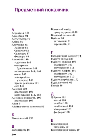 Предметний покажчик
А
Агрохімія 181
Адсорбція 91
Акумулятор 77
Алмаз 86
Алотропія 85
Карбону 85
Оксигену 85
Сульфуру 87
Фосфору 88
Алюміній 140
гідроксид 146
електронна
будова атома 141
застосування 144, 146
оксид 145
поширеність
у природі 140
проста речовина 141
солі 146
Амоніак 100
властивості 107
застосування 111, 183
Амонійна основа 66, 107
властивості 107
Атом 5
Атомна частка елемента 82
Б
Біотехнології 210
В
Валентність 16
Відносний вихід
продукту реакції 60
Водневий зв’язок 42
Вугілля 86
активоване 91
деревне 87, 91
г
Гальванічний елемент 74
Гідрати оксидів 26
Гідроген сульфід 100
властивості 109
застосування 111
Гідроген хлорид 101
властивості 102
застосування 110
Гідрогенкарбонати 172
Гідроліз солей 66
Графіт 86
д
Добрива 181
азотні 183
калійні 183
комбіновані 183
мінеральні 181
фосфорні 183
Е
Енергетичний
підрівень 10
Енергетичний рівень 10
240
 