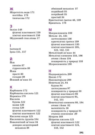 ж
Жорсткість води 171
постійна 173
тимчасова 172
З
Залізо 148
фізичні властивості 150
хімічні властивості 150
Збуджений стан атома 17
І
Ізотопи 6
Іржа 151, 157
й
Йон
амонію 37
гідроксонію 38
Йони
прості ЗО
складні ЗО
Йонний зв’язок 31
к
Карбонати 172
Карбонатна кислота 121
Кераміка 178
Кислоти
будова 122
назви 120
склад 120
фізичні властивості 122
хімічні властивості 122
Кислотні опади 125
Кислотність ґрунтів 184
Ковалентний зв’язок 34
донорно-акцепторний
механізм 38
обмінний механізм 37
подвійний 35
потрійний 35
простий 34
Кристалічні ґратки 46, 139
Кришталь 178
м
Макроелементи 180
Метали 24, 135
застосування 136
кристалічні ґратки 139
фізичні властивості 135
хімічні властивості 105,
122, 142, 151
Металічний зв’язок 44
Металічні елементи 133, 196
атоми і йони 134
поширеність у природі 133
Мікроелементи 180
н
Надпровідність 209
Накип 172
Наноматеріали 208
Неметали 24, 84
будова 84
застосування 97
поширеність у природі 88
фізичні властивості 90
хімічні властивості 95,
142, 151
Неметалічні елементи 80, 194
атоми і йони 82
валентність 16
поширеність у природі 81
ступені окиснення 20
Нітрати 168
Нітратна кислота 121
фізичні властивості 122
хімічні властивості 124,
143, 152
241
 