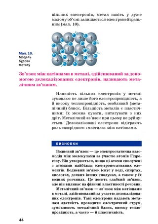 вільних електронів, метал навіть у дуже
малому об’ємі залишається електронейтраль-
ним (мал. 10).
Мал. 10.
Модель
будови
металу
Зв’язок між катіонами в металі, здійснюваний за допо­
могою делокалізованих електронів, називають мета­
лічним зв’язком.
Наявність вільних електронів у металі
зумовлює не лише його електропровідність, а
й високу теплопровідність, особливий (мета­
лічний) блиск. Більшість металів є пластич­
ними; їх можна кувати, витягувати з них
дріт. Металічний зв’язок при цьому не руйну­
ється. Делокалізовані електрони відіграють
роль своєрідного «мастила» між катіонами.
ВИСНОВКИ
Водневий зв’язок — це електростатична взає­
модія між молекулами за участю атомів Гідро­
гену. Він утворюється, якщо ці атоми сполучені
з атомами найбільш електронегативних еле­
ментів. Водневий зв’язок існує у воді, спиртах,
кислотах, деяких інших сполуках, а також у їх
водних розчинах. Це досить слабкий зв’язок,
але він впливає на фізичні властивості речовин.
Металічний зв’язок — зв’язок між катіонами
в металі, здійснюваний за участю делокалізова­
них електронів. Такі електрони надають мета­
лам здатність проводити електричний струм,
зумовлюють металічний блиск, високу тепло­
провідність, а часто — й пластичність.
44
 