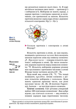 що рухаються навколо нього (мал. 1). В ядрі
містяться частинки двох типів — протони (р+)
і нейтрони (я0). Нейтрони не мають заряду, а
заряди протона і електрона однакові за вели­
чиною, але протилежні за знаком. Кількість
протонів визначає заряд ядра атома і дорівнює
кількості електронів: N(p+) = N(e).
Мал. 1.
Модель
атома Флуору
►Скільки протонів і електронів в атомі
Флуору?
Нуклонне
число
Протонне
число
Кількість протонів в атомі, як вам відомо,
називають протонним числом; його вказують
нижнім індексом зліва від символу елемента:
9F. Н уклонне число — сумарна кількість про­
тонів і нейтронів в атомі. Це число познача­
ють верхнім індексом перед символом елемен­
та: 19F. Кількість нейтронів дорівнює різниці
між нуклонним і протонним числами; в атомі
Флуору таких частинок десять (19 - 9).
Будь-який вид атомів (JH, 12С, 23Na тощо)
називають нуклідом. Атоми елемента з різ­
ною кількістю нейтронів є ізотопами. Вони
мають однакові протонні числа, але різні
нуклонні числа: JH, 2Н, ®Н (ізотопи Гідроге­
ну). Ізотопи — це нукліди одного елемента.
Хімічні елементи. Світ речовин утворений
майже 100 хімічними елементами1. Вам добре
відомо, що хімічний елемент — вид атомів із
певним зарядом ядра (протонним числом).
1 Ядра атомів із кількістю протонів понад 83 є нестійкими й розпа­
даються. Ці види атомів називають радіонуклідами.
6
 