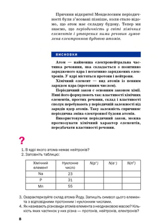 Причини відкритої Менделєєвим періодич­
ності були з’ясовані пізніше, коли стало відо­
мо, що атом має складну будову. Тепер ми
знаємо, що періодичність у світі хімічних
елементів і утворених ними речовин зумов­
лена електронною будовою атомів.
ВИСНОВКИ
Атом — найменша електронейтральна час­
тинка речовини, яка складається з позитивно
зарядженого ядра і негативно заряджених елек­
тронів. У ядрі містяться протони і нейтрони.
Хімічний елемент — вид атомів із певним
зарядом ядра (протонним числом).
Періодичний закон є основним законом хімії.
Нині його формулюють так: властивості хімічних
елементів, простих речовин, склад і властивості
сполук перебувають у періодичній залежності від
зарядів ядер атомів. Таку залежність спричиняє
періодична зміна електронної будови атомів.
Використовуючи періодичний закон, можна
прогнозувати хімічний характер елементів,
передбачати властивості речовин.
1. В ядрі якого атома немає нейтронів?
2. Заповніть таблицю:
Хімічний
елемент
Нуклонне
число
Щр+) Ще~) Щп°)
Na 23
Р 31
Мп 55
3. Охарактеризуйте склад атома Йоду. Запишіть символ цього елемен­
та з відповідними протонним і нуклонним числами.
4. Як називають різновиди атомів елемента з неоднаковою масою? Кіль­
кість яких частинок у них різна — протонів, нейтронів, електронів?
8
 