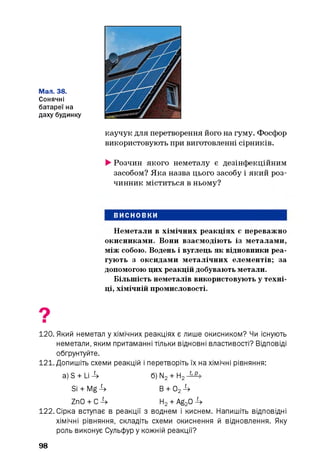 Мал. 38.
Сонячні
батареї на
даху будинку
каучук для перетворення його на гуму. Фосфор
використовують при виготовленні сірників.
►Розчин якого неметалу є дезінфекційним
засобом? Яка назва цього засобу і який роз­
чинник міститься в ньому?
ВИСНОВКИ
Неметали в хімічних реакціях є переважно
окисниками. Вони взаємодіють із металами,
між собою. Водень і вуглець як відновники реа­
гують з оксидами металічних елементів; за
допомогою цих реакцій добувають метали.
Більшість неметалів використовують у техні­
ці, хімічній промисловості.
120. Який неметал у хімічних реакціях є лише окисником? Чи існують
неметали, яким притаманні тільки відновні властивості? Відповіді
обґрунтуйте.
121. Допишіть схеми реакцій і перетворіть їх на хімічні рівняння:
a)S + L i4 б) N2 + Н2
Si + Mg 4 В + 024
ZnO + С 4 Н2 + Ag20 4
122. Сірка вступає в реакції з воднем і киснем. Напишіть відповідні
хімічні рівняння, складіть схеми окиснення й відновлення. Яку
роль виконує Сульфур у кожній реакції?
98
 
