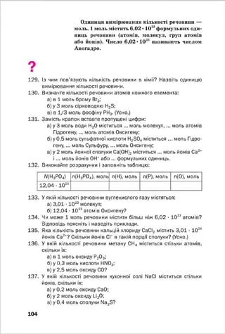 Одиниця вимірювання кількості речовини —
моль. 1моль містить 6,02 • 1023формульних оди­
ниць речовини (атомів, молекул, груп атомів
або йонів). Число 6,02 • 1023 називають числом
Авогадро.
9■
129. Із чим пов'язують кількість речовини в хімії? Назвіть одиницю
вимірювання кількості речовини.
130. Визначте кількості речовини атомів кожного елемента:
а) в 1 моль брому Вг2;
б) у 3 моль сірководню Н23;
в) в 1 /3 моль фосфіну РН3. (Усно.)
131. Замість крапок вставте пропущені цифри:
а) у 3 моль води Н20 міститься ... моль молекул,... моль атомів
Гідрогену,... моль атомів Оксигену;
б) у 0,5 моль сульфатної кислоти Н2304 міститься ... моль Гідро­
гену, ... моль Сульфуру,... моль Оксигену;
в) у 2 моль йонної сполуки Са(0Н)2 міститься ... моль йонів Са2+
і ... моль йонів ОН' або ... формульних одиниць.
132. Виконайте розрахунки і заповніть таблицю:
N(Н3Р04) п(Н3Р04), моль л(Н), моль л(Р), моль л(0), моль
12,04 • 1023
133. У якій кількості речовини вуглекислого газу містяться:
а) 3,01 ■1023 молекул;
б) 12,04 ■1023атомів Оксигену?
134. Чи може 1 моль речовини містити більш ніж 6,02 • 1023 атомів?
Відповідь поясніть і наведіть приклади.
135. Яка кількість речовини кальцій хлориду СаСІ2 містить 3,01 • 1024
йонів Са2+? Скільки йонів СГ в такій порції сполуки? (Усно.)
136. У якій кількості речовини метану СН4 міститься стільки атомів,
скільки їх:
а) в 1 моль оксиду Р20 3;
б) у 0,3 моль кислоти HN03;
в) у 2,5 моль оксиду СО?
137. У якій кількості речовини кухонної солі ІМаСІ міститься стільки
йонів, скільки їх:
а) у 0,2 моль оксиду СаО;
б) у 2 моль оксиду Li20 ;
в) у 0,4 моль сполуки Na2S?
104
 
