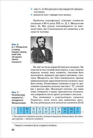 > уявити, як Менделєєвим був відкритий періодич­
ний закон;
> зрозуміти зміст періодичного закону.
Проблема класифікації хімічних елементів
захопила в 60-ті роки XIX ст. Д. І. Менделєєва
(мал. 6). Він шукав закономірності та взає­
мозв’язки, які б охоплювали всі елементи, а не
лише їх частину.
Мал. 6.
Д. І. Менделєєв
у період
пошуку закону,
який мав
об’єднати
хімічні
елементи
Мал. 7.
Початок ряду
елементів*,
складеного
Менделєєвим
На той час було відомо 63 хімічні елементи. На
кожний із них учений завів картку, в яку записав
відносну атомну масу елемента, значення його
валентності, відомості про просту речовину і спо­
луки. Менделєєв, як і його попередники, вважав
найважливішою характеристикою елемента масу
його атома. Розмістивши елемента в ряд за зро­
станням відносних атомних мас (мал. 7)1, учений
(як і раніше Дж. Ньюлендс) помітив, що через
певні інтервали в ньому трапляються елементи,
які утворюють схожі прості речовини і сполуки.
Ряд починався з неметалічного елемента
Гідрогену, атом якого мав найменшу масу.
За ним розміщувалися металічні елементи Літій
н и Ве В с N 0 N8 1^ АІ
1 7 9 11 12 14 16 19 23 24 27
* Під символом елемента вказано значення відносної атомної маси. На темні­
ших картках — металічні елементи
і Інертні елементи було відкрито пізніше.
12
 