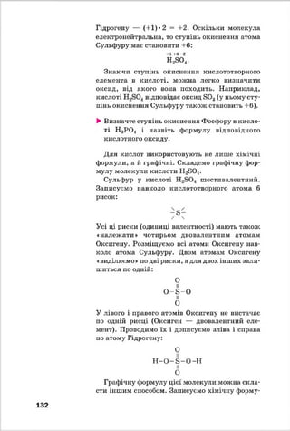 Гідрогену — (-1-І)* 2 = +2. Оскільки молекула
електронейтральна, то ступінь окиснення атома
Сульфуру має становити +6:
+1 +6 -2
Н2й 04.
Знаючи ступінь окиснення кислототворного
елемента в кислоті, можна легко визначити
оксид, від якого вона походить. Наприклад,
кислоті відповідає оксид 8 0 3(у ньому сту­
пінь окиснення Сульфуру також становить +6).
►Визначте ступінь окиснення Фосфору в кисло­
ті Н 3Р 0 4 і назвіть формулу відповідного
кислотного оксиду.
Для кислот використовують не лише хімічні
формули, а й графічні. Складемо графічну фор­
мулу молекули кислоти Н2804.
Сульфур у кислоті шестивалентний.
Записуємо навколо кислототворного атома б
рисок:
- 8 -
/ 
Усі ці риски (одиниці валентності) мають також
«належати» чотирьом двовалентним атомам
Оксигену. Розміщуємо всі атоми Оксигену нав­
коло атома Сульфуру. Двом атомам Оксигену
«виділяємо» по дві риски, а для двох інших зали­
шиться по одній:
О
II
О -Б - О
її
О
У лівого і правого атомів Оксигену не вистачає
по одній рисці (Оксиген — двовалентний еле­
мент). Проводимо їх і дописуємо зліва і справа
по атому Гідрогену:
0
Н - О - в - О - Н
її
О
Графічну формулу цієї молекули можна скла­
сти іншим способом. Записуємо хімічну форму­
132
 