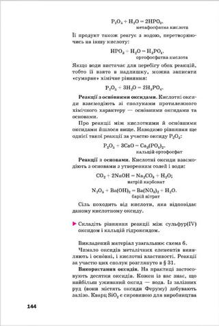 Р20 5+ Н20 = 2Н Р03.
метафосфатна кислота
Її продукт також реагує з водою, перетворюю­
чись на іншу кислоту:
Н Р03+ Н20= -Н 3Р04.
ортофоефатна кислота
Якщо води вистачає для перебігу обох реакцій,
тобто ЇЇ взято в надлиш ку, можна записати
«сумарне» хімічне рівняння:
Р20 5 + ЗН20 ” 2Н3Р 0 4.
Реакції з основними оксидами. Кислотні окси­
ди взаємодіють зі сполуками протилежного
хімічного характеру — основними оксидами та
основами.
Про реакції між кислотними й основними
оксидами йшлося вище. Наводимо рівняння ще
однієї такої реакції за участю оксиду Р20 5:
Р20 5 + ЗСаО = Са3(Р04)2.
кальцій ортофосфат
Реакції з основами. Кислотні оксиди взаємо­
діють з основами з утворенням солей і води:
С02+ 2ЫаОН - Ыа2С03 + Н20;
натрій карбонат
Ы20 5+ Ва(ОН)2- Ва(К03)2+ Н20.
барій нітрат
Сіль походить від кислоти, яка відповідає
даному кислотному оксиду.
►Складіть рівняння реакції між сульфур(ІУ)
оксидом і кальцій гідроксидом.
Викладений матеріал узагаїьнює схема 6.
Чимало оксидів металічних елементів вияв­
ляють і основні, і кислотні властивості. Реакції
за участю цих сполук розглянуто в § 31.
Використання оксидів. На практиці застосо­
вують десятки оксидів. Кожен із вас знає, що
найбільш уживаний оксид — вода. Із залізних
руд (вони містять оксиди Феруму) добувають
залізо. Кварц 8Ю2є сировиною для виробництва
144
 