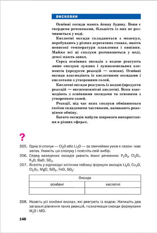висновки
Основні оксиди мають йонну будову. Вони є
твердими речовинами, більшість із них не роз­
чиняється у воді.
Кислотні оксиди складаю ться з молекул,
перебувають у різних агрегатних станах, мають
невисокі температури плавлення і кипіння.
Майже всі ці сполуки розчиняються у воді,
деякі мають запах.
Серед основних оксидів з водою реагують
ліпне сполуки лужних і лужноземельних еле­
ментів (продукти реакцій — основи). Основні
оксиди взаємодіють із кислотними оксидами і
кислотами з утворенням солей.
Кислотні оксиди реагують із водою (продукти
реакцій — оксигеновміені кислоти). Вони взає­
модіють з основними оксидами та основами з
утворенням солей.
Реакції, під час яких сполуки обмінюються
своїми складовими частинами, називають реак­
ціями обміну.
Багато оксидів набули широкого використан­
ня в різних сферах.
9■
205. Одна зі сполук — СІ20 або 1_і20 — за звичайних умов є газом і має
запах. Укажіть цю сполуку і поясніть свій вибір.
206. Серед наведених оксидів укажіть йонні речовини: Р20 3, СІ20 7,
К20, ВаО, БОз.
207. Внесіть у відповідні клітинки таблиці формули оксидів 1_і20, Си20,
СІ2О7, Щ О, 5і02> РеО, Б02:
Оксиди
оснбвні кислотні
208. Назвіть усі основні оксиди, які реагують із водою. Напишіть два
загальні рівняння таких реакцій, позначивши оксиди формулами
М20 і М 0.
146
 