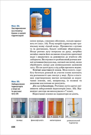 Мал. 54.
Застереження
на етикетці
банки з натрій
гідроксидом
Мал. 55.
Забарвлення
індикаторів
У воді (а)
та розчині
лугу (б)
лакмус
опіки шкіри, слизових оболонок, сильно вража­
ють очі (мал. 54). Тому натрій гідроксид має три­
віальну назву «їдкий натр». Працюючи з лугами
та їх розчинами, будьте особливо обережними.
Якщо розчин лугу потрапив на руку, потрібно
негайно змити його великою кількістю проточної
води і звернутися за допомогою до вчителя або
лаборанта. Ви отримаєте розбавлений розчин пев­
ної речовини (наприклад, оцтової кислоти), яким
обробляють шкіру для знешкодження залишків
лугу. Після цього руку слід добре промити водою.
Хімічні властивості основ. Можливість пере­
бігу багатьох реакцій за участю основ залежить
від розчинності цих сполук у воді. Луги в хіміч­
них перетвореннях значно активніші за нероз­
чинні основи, які, наприклад, із солями та
деякими кислотами не реагують.
Д ія па індикатори. Розчини лугів здатні змі­
нювати забарвлення індикаторів (мал. 55). Від­
повідні досліди ви виконували в 7 класі.
Нерозчинні основи на індикатори не діють.
фенолфталеїн метилоранж універсальний
індикатор
154
 