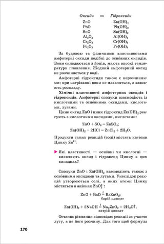 Оксиди о Гідроксиди
7пО гп (он )2
РЬО РЬ(ОН)2
впО 8п(0Н)2
А120 3 А1(ОН)3
Сг20 3 Сг(ОН)3
Рє20 3 Ее(ОН)3
За будовою та фізичними властивостями
амфотерні оксиди подібні до основних оксидів.
Вони складаються з йонів, мають високі темпе­
ратури плавлення. Жодний амфотерний оксид
не розчиняється у воді.
Амфотерні гідроксиди також є нерозчинни­
ми; при нагріванні вони не плавляться, а зазна­
ють розкладу.
Хімічні властивості амфотерних оксидів і
гідроксидів. Амфотерні сполуки взаємодіють із
кислотними та основними оксидами, кислота­
ми, лугами.
Цинк оксид ZnO і цинк гідроксид 2іі(0Н )2реа­
гують з кислотними оксидами, кислотами:
ZnO + в 0 3=
гп(ОН)2 + 2НС1 = гпС12 + 2Н20.
Продукти таких реакцій (солі) містять катіони
Цинку Zn21.
►Які властивості — основні чи кислотні —
виявляють оксид і гідроксид Цинку в цих
випадках?
Сполуки 7,і0 і Zn(OH)2 взаємодіють також з
основними оксидами та лугами. Унаслідок реак­
цій утворюються солі, в яких атоми Цинку
містяться в аніонах ZnO| :
ZпO + ВаО = BaZn02;
барій цинкат
гп(ОН)2 + 2ИаОН = Ма2гп 0 2 + 2Н2ОТ.
натрій цинкат
Останнє рівняння відповідає реакції за участю
лугу, а не його розчину. Для того щоб формула
170
 