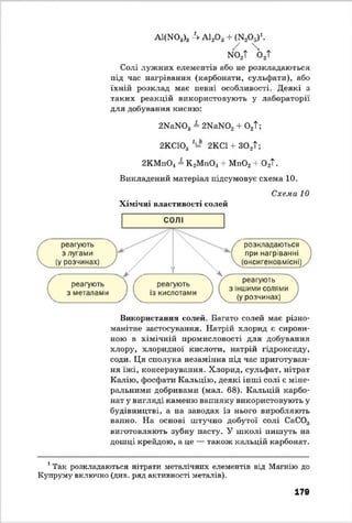 а і(м о3)3 4 а і2о 3 + ( ^ о 5)1-
* Т  т
Солі лужних елементів або не розкладаються
під час нагрівання (карбонати, сульфати), або
їхній розклад має певні особливості. Деякі з
таких реакцій використовують у лабораторії
для добування кисню:
2МаЖ)3- 2КШ02+ 02Т;
2КС103 2КС1 4- 3 0 2Т;
2КМпО< = К 2МпО, + Мп02 + 0 2Т.
Викладений матеріал підсумовує схема 10.
Хімічні властивості солей
Схема 10
реагують
з лугами
(у розчинах)
реагують
з металами
СОЛІ
/ '
г реагують
із кислотами
розкладаються
при нагріванні
(оксигеновмісні)
реагують
з іншими солями
(у розчинах)
Використання солей. Багато солей має різно­
манітне застосування. Натрій хлорид є сирови­
ною в хімічній промисловості для добування
хлору, хлоридної кислоти, натрій гідроксиду,
соди. Ця сполука незамінна під час приготуван­
ня їж і, консервування. Хлорид, сульфат, нітрат
Калію, фосфати Кшіьцію, деякі інші солі є міне­
ральними добривами (мал. 68). Кальцій карбо­
нат у вигляді каменю вапняку використовують у
будівництві, а на заводах із нього виробляють
вапно. На основі штучно добутої солі СаС03
виготовляють зубну пасту. У школі пишуть на
дошці крейдою, а це — також кальцій карбонат.
1Так розкладаються нітрати металічних елементів від Магнію до
Купруму включно (див. ряд активності металів).
179
 