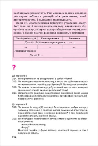 необхідного результату. Так можна в деяких дослідах
уникнути побічних реакцій між реактивом, який
використовуємо, і залишком попереднього.
Ваші дії, спостереження (фіксуйте утворення осаду,
його зовнішній вигляд, виділення газу, наявність чи від­
сутність запаху, зміну чи появу забарвлення тощо), вис­
новки, а також хімічні рівняння залишіть у таблицю:
Послідовність дій Спостереження Висновки
Дослід 1. Здійснення перетворення ... —» ...
... ... ...
Рівняння реакції:
Дослід 2....
До варіанта І:
314. Який реактив ви не використали в роботі? Чому?
315. Чи зашкодить надлишок реактиву, взятого для здійснення першо­
го перетворення, перебігу другої реакції? Відповідь аргументуйте.
316. Чи можна із магній оксиду добути магній ортофосфат, викорис­
тавши лише один із виданих реактивів? Чому?
317. Запропонуйте реактиви, за допомогою яких магній оксид можна
безпосередньо перетворити на магній ортофосфат. Напишіть від­
повідні хімічні рівняння.
До варіанта II:
318. Чи можна із ферум(ІІІ) хлориду безпосередньо добути сполуку,
записану останньою в запропонованій вами схемі перетворень,
якщо взяти лише один із виданих реактивів? У разі позитивної
відповіді напишіть рівняння реакції.
319. Які послідовні перетворення речовин можна здійснити за відсут­
ності розчину:
а) натрій ортофосфату;
б) лугу?
Відповіді подайте у формі таблиці, наведеної першою в тексті
практичної роботи.
214
 