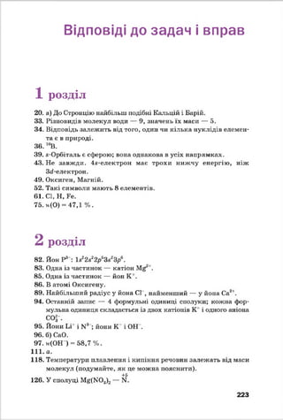 Відповіді до задач і вправ
1 розділ
20. а) До Стронцію найбільш подібні Кальцій і Барій.
33. Різновидів молекул води — 9, значень їх маси — 5.
34. Відповідь залежить від того, один чи кілька нуклідів елемен­
та є в природі.
3 6 .10В.
39. і-Орбіталь є сферою; вона однакова в усіх напрямках.
43. Не завжди. 4в-електрон має трохи нижчу енергію, ніж
Зй-електрон.
49. Оксиген, Магній.
52. Такі символи мають 8 елементів.
61. СІ, Н, Бе.
75. н(0) = 47,1 %.
2 розділ
82. Йон Р3 : ls22s22pfi3s23p6.
83. Одна із частинок — катіон Mg21.
85. Одна із частинок — йон К '.
86. В атомі Оксигену.
89. Найбільший радіус у йона СІ , найменший — у йона Ca2f.
94. Останній запис — 4 формульні одиниці сполуки; кожна фор-
мульна одиниця складається із двох катіонів К 1і одного аніона
со|-.
95. Йони Li' і N3 ; йони К 1і ОН .
96. б) СаО.
97. н'(ОН ) = 58,7 %.
111. а.
118. Температури плавлення і кипіння речовин залежать від маси
молекул (подумайте, як це можна пояснити).
+б
126. У сполуці Mg(N03)2— N.
223
 