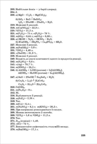 203. Найбільше йонів — у барій хлориді.
204. б.
209. а) + С120 7 = Мй(С104)2;
б) вЮ2+ ВаО = ВавіОз;
І20 3+ 2Ш ОН - 2МаІ03 + Н20.
210. Можливі 6 реакцій.
218. /п(Са(Ж)3)2) = 32,8 г.
220. Р(С02) = 11,2 л.
221. т (Р 20 5) = 71 г; Ц Р 20 6) - 78 %.
222. т (8 0 2) = 0,64 г; т(С 0 2) = 0,88 г.
226. а) 2КОН + >ї20 5 = 2КМ03+ Н 20;
б) ЗСа(ОН>2+ 2Н3РО* = Са3(Р04)2 + 6Н20.
227. Можливі 3 реакції.
230. т(Ре(ОН)2) = 3,8 г.
231. Р(802) = 4,48 л.
233. н<МаОН) = 31,9% .
238. Можливі 3 реакції.
240. Візьміть до уваги властивості одного із продуктів реакції.
242. т (Н 2804) = 9,8 г.
243. Ц А я) = 79,7 %.
244. /п(НЖ)3) = 25,2 г.
246. б) А1(ОН)3 + ЬіОН (розчин) = Іл[А1(ОН)4];
А1(0Н)3+ ЗЬіОН (розчин) = Іл3[А1(ОН)в].
247. а) впО + 2Ш ОН = На^пО., + Н20;
б) Сг20 3+ Ьі20 = 2іл Сг0 2;
Сг20 3+ ЗЬі20 = 2Іл3Сг03.
250. Сг(ОН)з.
251. т(Р е 20 3) = 8 г.
252. Ні.
256. Відбуваються 3 реакції.
258. т(Р еР 3) = 2,26 г.
259. Так.
260. т(Си) = 6,4 г.
261. т(МаЖ>3) = 8,5 г; /п(КЖ )3) = 20,2 г.
266. При нагріванні розкладаються 5 сполук.
268. Можна застосовувати 2 способи.
269. Р(С02) - 5,6 л; Р(в02) - 11,2 л.
270. Так.
271. -^Пов.(суміші) = 1,49.
272. ЦС) = 75 %.
277. Використайте амфотерність станум(ІІ) оксиду.
278. т(Ва(ОН>2) = 17,1 г.
225
 