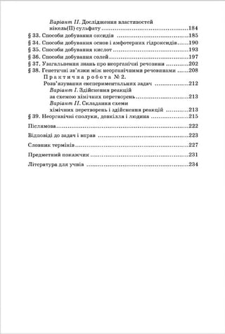 Варіант II. Дослідження властивостей
нікель(ІІ) сульфату................................................................184
§ 33. Способи добування оксидів .................................................... 185
§ 34. Способи добування основ і амфотерних гідроксидів.......190
§ 35. Способи добування кислот....................................................... 193
§ 36. Способи добування солей.......................................................... 197
§ 37. Узагальнення знань про неорганічні речовини................202
§ 38. Генетичні зв’язки між неорганічними речовинами.......208
П р а к т и ч н а р о б о т а №2 .
Розв’язування експериментальних задач ........................ 212
Варіант І. Здійснення реакцій
за схемою хімічних перетворень...................................... 213
Варіант II. Складання схеми
хімічних перетворень і здійснення реакцій ................ 213
§ 39. Неорганічні сполуки, довкілля і лю дина........................... 215
Післямова.................................................................................................222
Відповіді до задач і вправ .................................................................. 223
Словник термінів...................................................................................227
Предметний покаж чик........................................................................231
Література для учнів ...........................................................................234
 