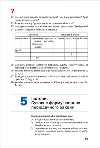 9
21. Які частинки входять до складу атома? Чим вони різняться? Який
склад атомного ядра?
22. Яких частинок у будь-якому атомі однакова кількість?
23. Чи існують елементи, в атомах яких немає: а) протонів; б) нейтронів?
24. Заповніть порожні клітинки в таблиці:
Елемент Кількість в атомі
назва символ порядковий
номер
(протонне
число)
нукпон-
не число
протонів електронів нейтронів
Цезій
13
27
25. Запишіть символи елементів Кобальту, Ауруму і Вісмуту разом із
відповідними протонними і нуклонними числами.
26. Укажіть елемент, атом якого має найбільшу кількість електронів: Бі,
В, N. СІ.
27. Знайдіть у переліку елемент, атом якого має найменшу кількість
протонів: С, М£, К, Аг.
28. Укажіть елемент, атом якого має найбільшу кількість нейтронів: Бс,
Аб, Мп.
5
ІЗОТОПИ.
Сучасне формулювання
періодичного закону
Матеріал параграфа допоможе вам:
> з'ясувати, що таке ізотопи і нукліди;
> обчислювати відносну атомну масу елемента за
його ізотопним складом;
> переконатися в тому, що поняття «відносна атом­
на маса», «відносна молекулярна маса» потребу­
ють уточнень;
25
 