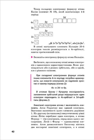 Тепер складемо електронну формулу атома
Калію (елемент № 19), який започатковує 4-й
період:
Зеї
2в
Із
п
ТІ
рРТ|рГГ|ргГ
19К І822в22ре3й23р64«1, або [Аг]4«
В атомі наступного елемента Кальцію 20-й
електрон також розміщується в 4в-орбіталі,
маючи протилежний спін.
►Запишіть електронну формулу атома Кальцію.
Ви бачите, що в кожному атомі немає електро­
нів з однаковими характеристиками. Вони роз­
міщуються або в різних орбітачях, або в одній,
але з різними спінами.
При складанні електронних формул атомів
інших елементів 4-го періоду потрібно врахову­
вати, що енергія електронів на підрівнях зрос­
тає в такому порядку (схема 2):
4 5 - ї Зсі 4р.
В атомах Хрому і Купруму послідовність
заповнення орбіталей дещо порушується: один
електрон переходить із 4Б-орбіталі в Зб-орбі-
таль (форзац І).
Зовнішні електрони атома і валентність еле­
мента. Атом Гідрогену має єдиний електрон.
Значення валентності цього елемента дорівнює
1. На другому (останньому) енергетичному рівні
атома Літію перебуває один електрон, а атома
Флуору — сім електронів, серед яких один є не-
спареним. Літій і Флуор — одновалентні еле­
менти. Атом двовалентного Оксигену містить
два неспарені зовнішні електрони, а в атомі
42
 