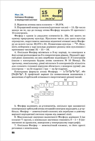 Мал. 24.
Клітинка Фосфору
в періодичній системі
15 Р
30,974 Фосфор
^е]38г3р*
2. Відносна атомна маса елемента — 30,974.
3. Порядковий номер елемента (протонне »гасло) — 15. Це число
вказує на те, що до складу атома Фосфору входять 15 протонів і
15 електронів.
Фосфор є одним із двадцяти елементів (с. 23), які мають по
одному природному нукліду. Нуклонне число для цього нукліда
отримуємо, округлюючи значення відносної атомної маси Фосфо­
ру до цілого числа: 30,974 » 31. Позначення нукліда — 31Р. Кіль­
кість нейтронів у ядрі нукліда дорівнює різниці між нуклонним і
протонним числами: 31 - 15 = 16.
4. Оскільки Фосфор міститься в 3-му періоді, то електрони в
його атомі розташовані на 3-х енергетичних рівнях. Перший і дру­
гий рівні заповнені; на них перебуває відповідно 2 і 8 електронів
(такою є електронна будова атома елемента М 10 Неону'). На
третьому, зовнішньому, рівні містяться 5 електронів (їх кількість
для елемента головної підгруши збігається з номером групи): два
електрони — на Зв-підрівні і три — на Зр-підрівні.
Електронна формула атома Фосфору — 1«22а22р5673.ч23р8, або
[Ке]Зв2Зр3. Її графічний варіант (із позначенням заповнених і
вакантних с/-орбіталей останнього енергетичного рівня) такий:
Зр
Зсі
За
2а
1а
Ті
ТІ
Т т т
2Р
п Ті Ті
5. Фосфор належить до р-елементів, оскільки при заповненні
електронами орбіталей атома останній електрон надходить у р-ор-
біталь. Фосфор — неметалічний елемент; він перебуває в довгому
варіанті періодичної системи справа від ламаної лінії.
6. Максимальне значення валентності Фосфору дорівнює 5 (це
елемент V групи), а мінімальне значення становить 8 - 5 = 3 (ви­
значаємо за правилом, наведеним у попередньому параграфі).
7. Оскільки Фосфор — неметалічний елемент, то його прості
речовини є неметалами.
50
 
