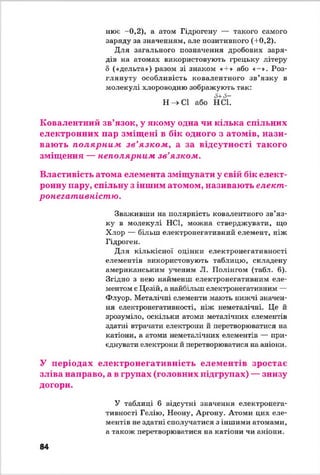 нює -0,2), а атом Гідрогену — такого самого
заряду за значенням, але позитивного (40,2).
Для загального позначення дробових заря­
дів на атомах, використовують грецьку літеру
5 («дельта») разом зі знаком «4» або «-». Роз­
глянуту особливість ковалентного зв’язку в
молекулі хлороводню зображують так:
3+ 5 -
Н - > С 1 або н е ї.
Ковалентний зв’язок, у якому одна чи кілька спільних
електронних пар зміщені в бік одного з атомів, нази­
вають полярним зв'язком , а за відсутності такого
зміщення — неполярним зв'язком.
Властивість атома елемента зміщувати у свій бік елект­
ронну пару, спільну з іншим атомом, називають елект-
ронегативністю.
Зваживши на полярність ковалентного зв’яз­
ку в молекулі НС1, можна стверджувати, що
Хлор — більш електронегативний елемент, ніж
Гідроген.
Для кількісної оцінки електронегативності
елементів використовують таблицю, складену
американським ученим Л. Полінгом (табл. 6).
Згідно з нею найменш електронегативним еле­
ментом є Цезій, а найбільш електронегативним —
Флуор. Металічні елементи мають нижчі значен­
ня електронегативності, ніж неметалічні. Це й
зрозуміло, оскільки атоми металічних елементів
здатні втрачати електрони й перетворюватися на
катіони, а атоми неметалічних елементів — при­
єднувати електрони й перетворюватися на аніони.
У періодах електронегативність елементів зростає
зліва направо, а в групах (головних підгрупах) — знизу
догори.У
У таблиці б відсутні значення електронега­
тивності Гелію, Неону, Аргону. Атоми цих еле­
ментів не здатні сполучатися з іншими атомами,
а також перетворюватися на катіони чи аніони.
84
 