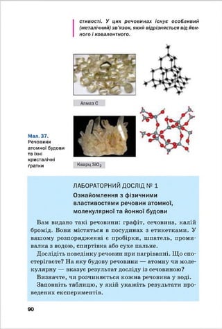 стивості. У цих речовинах існує особливий
(металічний) зв’язок, який відрізняється від ион­
ного і ковалентного.
Мал. 37.
Речовини
атомної будови
та їхні
кристалічні
гратки Кварц 3і02
ЛАБОРАТОРНИЙ ДОСЛІД № 1
Ознайомлення з фізичними
властивостями речовин атомної,
молекулярної та йонної будови
Вам видано такі речовини: графіт, сечовина, калій
бромід. Вони містяться в посудинах з етикетками. У
вашому розпорядженні є пробірки, шпатель, проми-
валка з водою, спиртівка або сухе пальне.
Дослідіть поведінку речовин при нагріванні. Що спо­
стерігаєте? На яку будову речовини — атомну чи моле­
кулярну — вказує результат досліду із сечовиною?
Визначте, чи розчиняється кожна речовина у воді.
Заповніть таблицю, у якій укажіть результати про­
ведених експериментів.
90
 