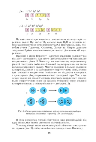 11Na 1s2
2s2
2p6
3s1
1s 2s 2p 3s
17Cl 1s2
2s2
2p6
3s2
3p5
1s 2s 2p 3s 3p
Ви вже знаєте про існування двохатомних молекул простих
речовин водню Н2 і кисню О2, молекул води Н2О та речовини не
молекулярної будови натрій хлориду NaCl. Пригадаємо, яким спо
собом атоми Гідрогену, Оксигену, Хлору та Натрію досягали
завершеної будови зовнішнього енергетичного рівня в кожній з цих
речовин.
Наявний в атома Гідрогену 1 електрон становить половину від
кількості завершеного для нього (двохелектронного) зовнішнього
енергетичного рівня. В Оксигену на зовнішньому енергетичному
рівні 6 електронів, тобто він близький до завершеного для нього
восьмиелектронного складу. Маючи половину й більше половини
електронів, аніж їх є на завершеному енергетичному рівні, атомам
цих елементів енергетично вигідніше не віддавати електрони,
а приєднувати або утворювати спільні електронні пари. Так, у мо
лекулі водню два атоми Гідрогену досягають завершеності зовніш
нього енергетичного рівня за рахунок утворення однієї спільної
електронної пари, у молекулі кисню — двох (рис. 2).
В обох молекулах спільні електронні пари рівновіддалені від
ядер атомів, між якими утворився хімічний зв’язок.
У молекулі води атоми також сполучені спільними електронни
ми парами (рис. 3), зміщеними ближче до ядра атома Оксигену.
16
Рис. 2. Схеми утворення хімічного зв’язку між атомами одного
хімічного елемента: Гідрогену (а); Оксигену (б)
а
б
 
