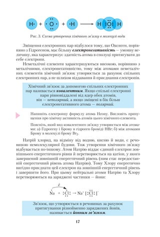 Зміщення електронних пар відбулося тому, що Оксиген, порів
няно з Гідрогеном, має більшу електронегативність — умовну ве
личину, яка характеризує здатність атома в сполуці притягувати до
себе електрони.
Неметалічні елементи характеризуються високою, порівняно з
металічними, електронегативністю, тому між атомами неметаліч
них елементів хімічний зв’язок утворюється за рахунок спільних
електронних пар, а не шляхом віддавання й приєднання електронів.
Напишіть електронну формулу атома Неону. Висловіть припу
щення про хімічну активність атомів цього хімічного елемента.
Поясніть, який вид ковалентного зв’язку утворюється між атома
ми: а) Гідрогену і Брому в гідроген броміді HBr; б) між атомами
Брому в молекулі брому Br2.
Натрій хлорид, на відміну від водню, кисню й води, є речо
виною немолекулярної будови. Тож утворення хімічного зв’язку
відбувається по іншому. Атом Натрію віддає єдиний електрон зов
нішнього енергетичного рівня й перетворюється на катіон, у якого
завершений зовнішній енергетичний рівень (ним стає передостан
ній енергетичний рівень атома Натрію). Тому Хлору енергетично
вигідно приєднати цей електрон на зовнішній енергетичний рівень
і завершити його. При цьому нейтральні атоми Натрію та Хлору
перетворюються на заряджені частинки — йони:
Na + Cl Na+
[ Cl ]–
17
Рис. 3. Схема утворення хімічного зв’язку в молекулі води
Хімічний зв’язок за допомогою спільних електронних
пар називається ковалентним. Якщо спільні електронні
пари рівновіддалені від ядер обох атомів,
він — неполярний, а якщо зміщені в бік більш
електронегативного атома — полярний.
е
.
.. ..
..
..
..
.
..
..
Зв’язок, що утворюється в речовинах за рахунок
притягування різнойменно заряджених йонів,
називається йонним зв’язком.
 