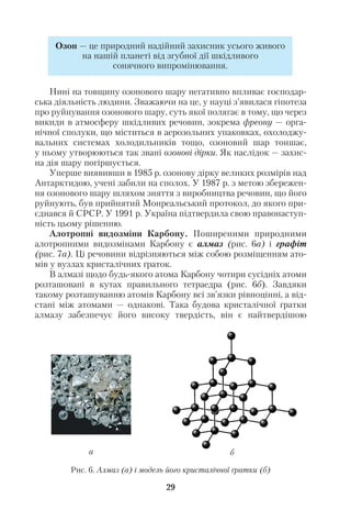 Нині на товщину озонового шару негативно впливає господар
ська діяльність людини. Зважаючи на це, у науці з’явилася гіпотеза
про руйнування озонового шару, суть якої полягає в тому, що через
викиди в атмосферу шкідливих речовин, зокрема фреону — орга
нічної сполуки, що міститься в аерозольних упаковках, охолоджу
вальних системах холодильників тощо, озоновий шар тоншає,
у ньому утворюються так звані озонові дірки. Як наслідок — захис
на дія шару погіршується.
Уперше виявивши в 1985 р. озонову дірку великих розмірів над
Антарктидою, учені забили на сполох. У 1987 р. з метою збережен
ня озонового шару шляхом зняття з виробництва речовин, що його
руйнують, був прийнятий Монреальський протокол, до якого при
єднався й СРСР. У 1991 р. Україна підтвердила свою правонаступ
ність цьому рішенню.
Алотропні видозміни Карбону. Поширеними природними
алотропними видозмінами Карбону є алмаз (рис. 6а) і графіт
(рис. 7а). Ці речовини відрізняються між собою розміщенням ато
мів у вузлах кристалічних ґраток.
В алмазі щодо будь якого атома Карбону чотири сусідніх атоми
розташовані в кутах правильного тетраедра (рис. 6б). Завдяки
такому розташуванню атомів Карбону всі зв’язки рівноцінні, а від
стані між атомами — однакові. Така будова кристалічної ґратки
алмазу забезпечує його високу твердість, він є найтвердішою
29
а б
Озон — це природний надійний захисник усього живого
на нашій планеті від згубної дії шкідливого
сонячного випромінювання.
Рис. 6. Алмаз (а) і модель його кристалічної ґратки (б)
 
