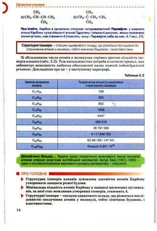) Органічні сполуки
СНз
4)СНз-СН-СН-СНз
СНя
СНз
5)СНз-С-СН2-СНз
СНз
Пам'ятайте, Карбон в органічних сполуках чотиривалентний! Переіірте: у кожного
атома Карбону сума кількості атомів Гідрогену і кількості рисочок, якими позначено
хімічні зв'язки, має становити 4 {поясніть, чому. Перевірте себе за мал. 4.1 на с. 2t).
Структурні ізомери - сполуки однакового складу, що різняться послідовністю
сполучення атомів у молекулі, тобто хімічною будовою, і властивостями.
Зі збільшенням числа атомів у молекулах стрімко зростає кількість ізо­
мерів алканів (табл. 2.2). Тож нагальною стає потреба в системі правил, яка
забезпечує можливість надання однозначної назви кожній індивідуальній
речовині. Докладніше про це - у наступному параграфі.
Таблиця 2.2
Хімічна формула
алкану
Теоретична КІЛЬКІСТЬ можливих
структурних ізомерів
С11Н24 159
С12Н26 355
С13Н28 802
С14Н30 1858
С15Н32 4347
С20Н42 366 319
С25Н52 36 797 588
СзоНб2 4 111 846 763
С40Н82 62 481 801 147 341
С100Н202 близько 5,921-10^®
Дізнайтеся більше... Задачу щодо теоретично можливого числа ізомерів
алканів уперше розв'язав англійський математик Артур Келі (1821-1895) -
один з основоположників важливого розділу математики - топології.
ПРО ГОЛОВНЕ
^ Структурна ізомерія алканів зумовлена здатністю атомів Карбону
утворювати ланцюги різної будови.
^ Мінімальна кількість атомів Карбону в ланцюзі насичених вуглевод­
нів, за якої стає можливим утворення ізомерів, становить 4.
^ Структурні ізомери —сполуки однакового складу, що різняться послі­
довністю сполучення атомів у молекулі, тобто хімічною будовою, і
властивостями.
14
 