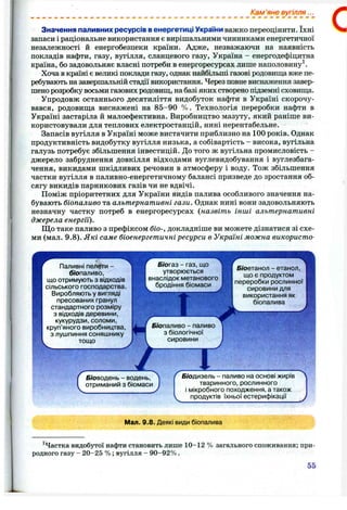 Кам 'яне вугілля...
Значення паливних ресурсів в енергетиці України важко переоцінити. їхні
запаси і раціональне використання є вирішальними чинниками енергетичної
незалежності й енергобезпеки країни. Адже, незважаючи на наявність
покладів нафти, газу, вугілля, сланцевого газу, Україна - енергодефіцитна
країна, бо задовольняє власні потреби в енергоресурсах лише наполовину^.
Хоча в країні є великі поклади газу, однак найбільші газові родовиш;а вже пе­
ребувають на завершальній стадії використання. Через повне виснаження завер­
шено розробку восьми газових родовищ, набазі яких створено підземні сховища.
Упродовж останнього десятиліття видобуток нафти в Україні скорочу­
вався, родовища виснажені на 85-90 % . Технологія переробки нафти в
Україні застаріла й малоефективна. Виробництво мазуту, який раніше ви­
користовували для теплових електростанцій, нині нерентабельне.
Запасів вугілля в Україні може вистачити приблизно на 100 років. Однак
продуктивність видобутку вугілля низька, а собівартість - висока, вугільна
галузь потребує збільшення інвестицій. До того ж вугільна промисловість -
джерело забруднення довкілля відходами вуглевидобування і вуглезбага-
чення, викидами шкідливих речовин в атмосферу і воду. Тож збільшення
частки вугілля в паливно-енергетичному балансі призведе до зростання об­
сягу викидів парникових газів чи не вдвічі.
Поміж пріоритетних для України видів палива особливого значення на­
бувають біопаливо та альтернативні гази. Однак нині вони задовольняють
незначну частку потреб в енергоресурсах {назвіть інші альтернативні
джерела енергії).
Що таке паливо з префіксом біо-, докладніше ви можете дізнатися зі схе­
ми (мал. 9.8). Які саме біоенергетичні ресурси в Україні можна використо-
с
Паливні пелети -
біопаливо,
що отримують з відходів
сільського господарства.
Виробляють у вигляді
пресованих гранул
стандартного розміру
з відходів деревини,
кукурудзи, соломи,
круп'яного виробництва,
з лушпиння соняшнику
тощо
Б/огаз - газ, що
утворюється
І внаслідок метанового
бродіння біомаси
Б/опаливо - паливо
з біологічної
сировини
Б/оетанол - етанол,
що є продуктом
І переробки рослинної
сировини для
використання як
біопалива
Г Біоводень - водень,
отриманий з біомаси
Б/одизель - паливо на основі жирів ^
тваринного, рослинного
і мікробного походження, а також
 продуктів їхньої естерифікації
Мал. 9.8. Деякі види біопалива
'Частка видобутої нафти становить лише 10-12 % заггільного споживання; при­
родного газу - 20-25 % ; вугілля - 90-92% .
55
 