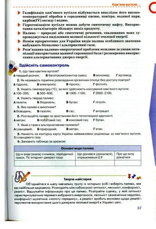 Кам ’яне вугілля...
► Газифікація кам’яного вугілля відбувається внаслідок його високо­
температурної обробки в середовищі кисню, повітря, водяної пари,
карбон(ІУ) оксиду і водню.
► Гідрогенізацією вугілля можна добути синтетичну нафту. Викорис­
тання каталізаторів збільшує вихід продукту.
► Паливо - природні або синтетичні речовини, спалювання яких су­
проводжується виділенням великої кількості теплової енергії.
► Поміж пріоритетних для України видів палива особливого значення
набувають біопаливо і альтернативні гази.
► Розв’язання паливно-енергетичної проблеми можливе за умови опти-
мізації використання наявної сировинної бази і розширення викорис­
тання альтернативних джерел енергії.
&
Здійсніть самоконтроль
1. Що таке кам’яне вугілля?
Атвердий розчин; Б багатокомпонентна суміш; В мономер; Г вуглевод.
2. Як називають термічне розкладання органічних сполук без доступу повітря?
А гідроліз: Б електроліз; Впіроліз;^^ Г фотоліз,
3. Укажіть температуру (°С), за якої здійснюють коксування кам’яного вугілля:
А 100-200; Б 500-600; В 1000-1100; Г 2000-2100.
4. Укажіть тверде паливо:
Апелети; Ббіодизель; В бутан; Г лігроїн.
5. Яке паливо є викопним?
Абіоводень; Б газолін; Вгас; Г антрацит.
6 . Розташуйте паливо за зростанням його теплотворної здатності.
А метан; Б побутовий газ; В коксовий газ; Г бутан.
7. Який з газів є альтернативним паливом?
Асланцевий; Б природний; В метан; Гетан.
8 . Нанесіть на контурну карту України найважливіші родовища: а) кам’яного вугілля;
б) сланцевого газу.
9. Заповніть таблицю за зразком:
Основні види палива
Що я знав (знала) з книжок, періодичної
преси, TV, інтернет-джерел тощо
Що дізнався (дізналася),
опрацювавши § 9
Про що хочу
дізнатися
Творча майстерня
Об'єднайтеся в малу навчальну групу із чотирьох осіб і виберіть паливо, яке
васнаі^більше зацікавило. Розподіліть між собою ролі; оптиміст, песиміст, конформіст,
реаліст. Відшукайте інформацію про це паливо. Розіграйте сценку, у якій оптиміст
характеризуватиме переваги вибраного енергоносія, песиміст зазначатиме недоліки,
конформіст шукатиме «золоту середину», а реаліст зробить висновки щодо реалій і
перспектив використання цього джерела теплової енергії в Україні і світі.
57
 