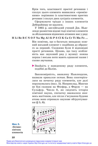 Крім того, властивості простої речовини і
сполук цього елемента виявилися «проміж#
ними» порівняно із властивостями простих
речовин і сполук двох сусідніх елементів.
Сформувати тріади з інших елементів
Деберайнеру не вдалося.
У 1865 р. англійський учений Дж. Нью#
лендс розмістив відомі тоді хімічні елементи
за збільшенням відносних атомних мас у ряд:
H Li Be B C N O F Na Mg Al Si P S Cl K Ca Cr Ті Mn Fe ...
Він помітив, що в багатьох випадках кож#
ний восьмий елемент є подібним до обрано#
го за перший. Схожими були й відповідні
прості речовини. Цікаво, що таку особли#
вість має звуковий ряд у музиці: кожна
перша і восьма ноти мають однакові назви і
схоже звучання.
 Знайдіть у наведеному ряду елементи,
подібні до Калію.
Закономірність, виявлену Ньюлендсом,
назвали правилом октав. Вона спостеріга#
лася на початку ряду елементів, але далі
порушувалась (мал. 5). Наприклад, Манган
не був схожим на Фосфор, а Ферум — на
Сульфур. Число 8, як свідчить історія
хімічної науки, спочатку вважалося яки#
мось магічним, але після з’ясування будови
атома воно отримало наукове обґрунтуван#
ня (§ 5, 6).
10
Мал. 5.
«Октави»
хімічних
елементів
H
F
Cl K Ca
Cr Ti
MnFe
NaMgAl Si P S
Li Be B C N O
Право для безоплатного розміщення підручника в мережі Інтернет має
Міністерство освіти і науки України http://mon.gov.ua/ та Інститут модернізації змісту освіти https://imzo.gov.ua
 