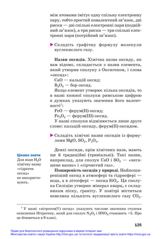 між атомами імітує одну спільну електронну
пару, тобто простий ковалентний зв’язок, дві
риски — дві спільні електронні пари (подвій#
ний зв’язок), а три риски — три спільні елек#
тронні пари (потрійний зв’язок).
 Складіть графічну формулу молекули
вуглекислого газу.
Назви оксидів. Хімічна назва оксиду, як
вам відомо, складається з назви елемента,
який утворив сполуку з Оксигеном, і слова
«оксид»:
СаO — кальцій оксид;
B2O3 — бор оксид.
Якщо елемент утворює кілька оксидів, то
в назві кожної сполуки римською цифрою
в дужках указують значення його валент#
ності1
:
FeO — ферум(ІІ) оксид;
Fe2O3 — ферум(ІІI) оксид.
У назві сполуки відмінюється лише друге
слово: кальцій оксиду, ферум(ІI) оксидом.
 Складіть хімічні назви оксидів із форму#
лами MgO, SO2, Р2O5.
Деякі оксиди, крім хімічних назв, мають
ще й традиційні (тривіальні). Такі назви,
наприклад, для сполук СаО і SO2 — «нега#
шене вапно» і «сірчистий газ».
Поширеність оксидів у природі. Найпоши#
реніший оксид в атмосфері та гідросфері —
вода, а в літосфері — оксид SiO2. Ця сполу#
ка Силіцію утворює мінерал кварц, є склад#
ником піску, граніту. У повітрі міститься
невелика кількість вуглекислого газу СО2.
125
Цікаво знати
Для води Н2О
хімічну назву
«гідроген
оксид»
не використо#
вують.
1
У назві «нітроген(V) оксид» указують числове значення ступеня
окиснення Нітрогену, який для сполук N2O5 і HNO3 становить +5. Про
це йтиметься в 9 класі.
Право для безоплатного розміщення підручника в мережі Інтернет має
Міністерство освіти і науки України http://mon.gov.ua/ та Інститут модернізації змісту освіти https://imzo.gov.ua
 