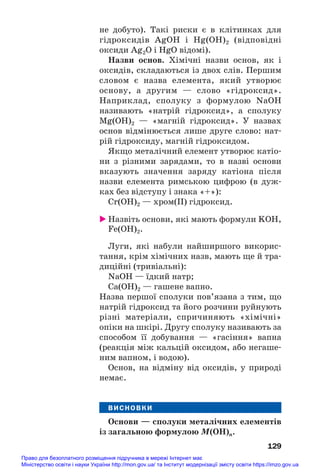 не добуто). Такі риски є в клітинках для
гідроксидів AgOH і Hg(OH)2 (відповідні
оксиди Ag2O і HgO відомі).
Назви основ. Хімічні назви основ, як і
оксидів, складаються із двох слів. Першим
словом є назва елемента, який утворює
основу, а другим — слово «гідроксид».
Наприклад, сполуку з формулою NaOH
називають «натрій гідроксид», а сполуку
Mg(OH)2 — «магній гідроксид». У назвах
основ відмінюється лише друге слово: нат#
рій гідроксиду, магній гідроксидом.
Якщо металічний елемент утворює катіо#
ни з різними зарядами, то в назві основи
вказують значення заряду катіона після
назви елемента римською цифрою (в дуж#
ках без відступу і знака «+»):
Cr(OH)2 — хром(ІІ) гідроксид.
 Назвіть основи, які мають формули KOH,
Fe(OH)2.
Луги, які набули найширшого викорис#
тання, крім хімічних назв, мають ще й тра#
диційні (тривіальні):
NaOH — їдкий натр;
Ca(OH)2 — гашене вапно.
Назва першої сполуки пов’язана з тим, що
натрій гідроксид та його розчини руйнують
різні матеріали, спричиняють «хімічні»
опіки на шкірі. Другу сполуку називають за
способом її добування — «гасіння» вапна
(реакція між кальцій оксидом, або негаше#
ним вапном, і водою).
Основ, на відміну від оксидів, у природі
немає.
ВИСНОВКИ
Основи — сполуки металічних елементів
із загальною формулою М(ОН)n.
129
Право для безоплатного розміщення підручника в мережі Інтернет має
Міністерство освіти і науки України http://mon.gov.ua/ та Інститут модернізації змісту освіти https://imzo.gov.ua
 