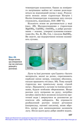 температури плавлення. Однак за помірно#
го нагрівання майже всі основи розклада#
ються на відповідний оксид і воду. Розпла#
вити можна лише гідроксиди Натрію і
Калію (температури плавлення цих сполук
становлять, відповідно, 318 і 380 °С).
Більшість основ не розчиняється у воді
(мал. 49). Малорозчинними є гідроксиди
Mg(OH)2, Ca(OH)2 і Sr(OH)2, а добре розчин#
ними — основи, утворені лужними елемен#
тами (Li, Na, K, Rb, Cs), і сполука Ba(OH)2.
Ви знаєте, що водорозчинні основи назива#
ють лÝгами.
157
Ni(OH)2 Mg(OH)2
Мал. 49.
Осади основ,
що утворилися
під час хімічних
реакцій у
розчинах
Луги та їхні розчини «роз’їдають» багато
матеріалів, милкі на дотик, спричиняють
серйозні опіки шкіри, слизових оболонок,
сильно вражають очі (мал. 50). Тому натрій
гідроксид має тривіальну назву «їдкий
натр». Працюючи з лугами та їхніми розчи#
нами, будьте особливо обережними. Якщо
розчин лугу потрапив на руку, потрібно
негайно змити його великою кількістю про#
точної води і звернутися за допомогою до
вчителя або лаборанта. Ви отримаєте
розбавлений розчин певної речовини
(наприклад, оцтової кислоти), яким обро#
біть шкіру для знешкодження залишків
лугу. Після цього руку добре змийте водою.
Право для безоплатного розміщення підручника в мережі Інтернет має
Міністерство освіти і науки України http://mon.gov.ua/ та Інститут модернізації змісту освіти https://imzo.gov.ua
 