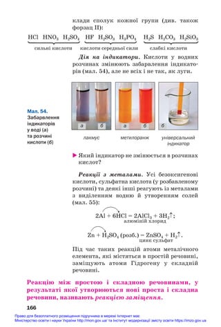 клади сполук кожної групи (див. також
форзац ІІ):
HCl HNO3 H2SO4 HF H2SO3 H3PO4 H2S H2CO3 H2SiO3
сильні кислоти кислоти середньої сили слабкі кислоти
Дія на індикатори. Кислоти у водних
розчинах змінюють забарвлення індикато#
рів (мал. 54), але не всіх і не так, як луги.
166
лакмус метилоранж універсальний
індикатор
Мал. 54.
Забарвлення
індикаторів
у воді (а)
та розчині
кислоти (б)
а б а б б
 Який індикатор не змінюється в розчинах
кислот?
Реакції з металами. Усі безоксигенові
кислоти, сульфатна кислота (у розбавленому
розчині) та деякі інші реагують із металами
з виділенням водню й утворенням солей
(мал. 55):
2Al + 6HCl = 2AlCl3 + 3H2↑;
алюміній хлорид
Zn + H2SO4 (розб.) = ZnSO4 + H2↑.
цинк сульфат
Під час таких реакцій атоми металічного
елемента, які містяться в простій речовині,
заміщують атоми Гідрогену у складній
речовині.
Реакцію між простою і складною речовинами, у
результаті якої утворюються нові проста і складна
речовини, називають реакцією заміщення.
Право для безоплатного розміщення підручника в мережі Інтернет має
Міністерство освіти і науки України http://mon.gov.ua/ та Інститут модернізації змісту освіти https://imzo.gov.ua
 
