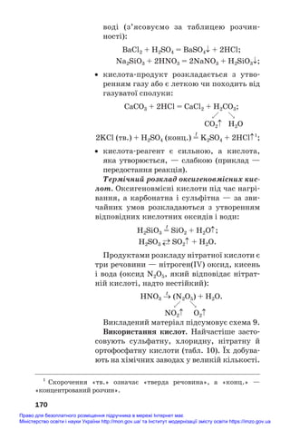 воді (з’ясовуємо за таблицею розчин#
ності):
BaCl2 + H2SO4 = BaSO4↓ + 2HCl;
Na2SiO3 + 2HNO3 = 2NaNO3 + H2SiO3↓;
• кислота#продукт розкладається з утво#
ренням газу або є леткою чи походить від
газуватої сполуки:
CaCO3 + 2HCl = CaCl2 + H2CO3;

CO2↑ H2O
t
2KCl (тв.) + H2SO4 (конц.) = K2SO4 + 2HCl↑1
;
• кислота#реагент є сильною, а кислота,
яка утворюється, — слабкою (приклад —
передостання реакція).
Термічний розклад оксигеновмісних кис
лот. Оксигеновмісні кислоти під час нагрі#
вання, а карбонатна і сульфітна — за зви#
чайних умов розкладаються з утворенням
відповідних кислотних оксидів і води:
t
H2SiO3 = SiO2 + H2O↑;
H2SO3
→
← SO2↑ + H2O.
Продуктами розкладу нітратної кислоти є
три речовини — нітроген(IV) оксид, кисень
і вода (оксид N2O5, який відповідає нітрат#
ній кислоті, надто нестійкий):
t
HNO3 → (N2O5) + H2O.

NO2↑ O2↑
Викладений матеріал підсумовує схема 9.
Використання кислот. Найчастіше засто#
совують сульфатну, хлоридну, нітратну й
ортофосфатну кислоти (табл. 10). Їх добува#
ють на хімічних заводах у великій кількості.
170
1
Скорочення «тв.» означає «тверда речовина», а «конц.» —
«концентрований розчин».
Право для безоплатного розміщення підручника в мережі Інтернет має
Міністерство освіти і науки України http://mon.gov.ua/ та Інститут модернізації змісту освіти https://imzo.gov.ua
 