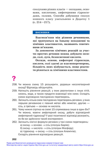 сполуками різних класів — оксидами, осно#
вами, кислотами, амфотерними гідрокси#
дами, солями. Способи добування сполук
кожного класу узагальнено в Додатку 1
(с. 214—217).
ВИСНОВКИ
Взаємозв’язки між різними речовинами,
які ґрунтуються на їхньому походженні та
хімічних властивостях, називають генетич/
ними зв’язками.
За допомогою хімічних реакцій за учас/
тю простих речовин можна добувати окси/
ди, солі, луги, безоксигенові кислоти.
Оксиди, основи, амфотерні гідроксиди,
кислоти, солі здатні до взаємоперетворень,
більшість яких відбувається, якщо реаген/
ти різняться за хімічними властивостями.
?
258. Чи можна схему 15 розширити, додавши несолетворний
оксид? Відповідь обґрунтуйте.
259. Напишіть рівняння реакцій, у яких реагентами є лише літій,
кисень, вода, а також продукти взаємодії між ними. Складіть
схеми відповідних послідовних перетворень.
260. Запишіть кілька схем послідовних перетворень речовин, у яких
першою речовиною є певний метал або неметал, другою —
сіль, а третьою — основа чи кислота.
261. Чому нижня стрілка на схемі 15 спрямована лише в один бік?
Чи можна, маючи амфотерний оксид, добути відповідний
амфотерний гідроксид? У разі позитивної відповіді розкажіть,
як би ви здійснили такий експеримент.
262. Запишіть хімічні формули речовин у такі схеми перетворень:
а) оксид → основа → сіль (сполуки Барію);
б) оксид → кислота → сіль (сполуки Фосфору);
в) гідроксид → оксид → сіль (сполуки Алюмінію).
Складіть рівняння відповідних реакцій.
202
Право для безоплатного розміщення підручника в мережі Інтернет має
Міністерство освіти і науки України http://mon.gov.ua/ та Інститут модернізації змісту освіти https://imzo.gov.ua
 
