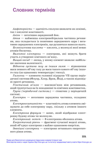 Словник термінів
Амфотерність — здатність сполуки виявляти як осн¼вні,
так і кислотні властивості.
Аніон — негативно заряджений йон.
Атом — найменша електронейтральна частинка речови#
ни, яка складається із позитивно зарядженого ядра і нега#
тивно заряджених електронів, що рухаються навколо нього.
Безоксигенова кислота — кислота, у молекулі якої немає
атомів Оксигену.
Валентні електрони — електрони, які можуть брати
участь в утворенні хімічного зв’язку.
Вищий оксид — оксид, у якому елемент виявляє найбіль#
ше значення валентності.
Відносна густина газу за іншим газом — відношення
маси певного об’єму газу до маси такого самого об’єму іншо#
го газу (за однакових температури і тиску).
Галогени — елементи головної підгрупи VII групи періо#
дичної системи (Флуор, Хлор, Бром, Йод), а також відповід#
ні прості речовини.
Генетичний зв’язок — взаємозв’язок між речовинами,
який ґрунтується на їх походженні та хімічних властивостях.
Група (періодичної системи) — стовпчик у періодичній
системі.
Електрон — негативно заряджена частинка, складник
атома.
Електронегативність — властивість атома елемента змі#
щувати до себе електронну пару, спільну з атомом іншого
елемента.
Електронна формула — запис, який відображає елект#
ронну будову атома чи молекули.
Електронний октет — 8#електронна оболонка атома.
Енергетичний рівень — фрагмент сучасної моделі атома,
який об’єднує електрони з майже однаковою енергією.
Зовнішні електрони — електрони останнього енергетич#
ного рівня атома.
221
Право для безоплатного розміщення підручника в мережі Інтернет має
Міністерство освіти і науки України http://mon.gov.ua/ та Інститут модернізації змісту освіти https://imzo.gov.ua
 