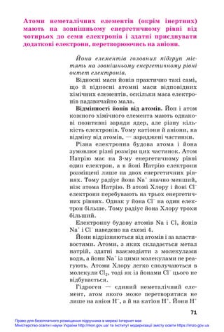 Атоми неметалічних елементів (окрім інертних)
мають на зовнішньому енергетичному рівні від
чотирьох до семи електронів і здатні приєднувати
додаткові електрони, перетворюючись на аніони.
Йони елементів головних підгруп міс
тять на зовнішньому енергетичному рівні
октет електронів.
Відносні маси йонів практично такі самі,
що й відносні атомні маси відповідних
хімічних елементів, оскільки маса електро#
нів надзвичайно мала.
Відмінності йонів від атомів. Йон і атом
кожного хімічного елемента мають однако#
ві позитивні заряди ядер, але різну кіль#
кість електронів. Тому катіони й аніони, на
відміну від атомів, — заряджені частинки.
Різна електронна будова атома і йона
зумовлює різні розміри цих частинок. Атом
Натрію має на 3#му енергетичному рівні
один електрон, а в йоні Натрію електрони
розміщені лише на двох енергетичних рів#
нях. Тому радіус йона Na+
значно менший,
ніж атома Натрію. В атомі Хлору і йоні Cl–
електрони перебувають на трьох енергетич#
них рівнях. Однак у йона Cl–
на один елек#
трон більше. Тому радіус йона Хлору трохи
більший.
Електронну будову атомів Na і Cl, йонів
Na+
і Cl–
наведено на схемі 4.
Йони відрізняються від атомів і за власти#
востями. Атоми, з яких складається метал
натрій, здатні взаємодіяти з молекулами
води, а йони Na+
із цими молекулами не реа#
гують. Атоми Хлору легко сполучаються в
молекули Cl2, тоді як із йонами Cl–
цього не
відбувається.
Гідроген — єдиний неметалічний еле#
мент, атом якого може перетворитися не
лише на аніон H–
, а й на катіон H+
. Йони Н+
71
Право для безоплатного розміщення підручника в мережі Інтернет має
Міністерство освіти і науки України http://mon.gov.ua/ та Інститут модернізації змісту освіти https://imzo.gov.ua
 