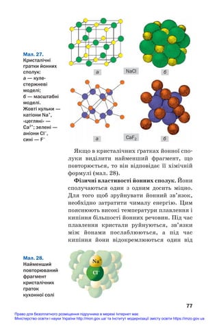 Якщо в кристалічних ґратках йонної спо#
луки виділити найменший фрагмент, що
повторюється, то він відповідає її хімічній
формулі (мал. 28).
Фізичні властивості йонних сполук. Йони
сполучаються один з одним досить міцно.
Для того щоб зруйнувати йонний зв’язок,
необхідно затратити чималу енергію. Цим
пояснюють високі температури плавлення і
кипіння більшості йонних речовин. Під час
плавлення кристали руйнуються, зв’язки
між йонами послаблюються, а під час
кипіння йони відокремлюються один від
77
Мал. 27.
Кристалічні
ґратки йонних
сполук:
а — куле
стержневі
моделі;
б — масштабні
моделі.
Жовті кульки —
катіони Na+
,
«цегляні» —
Сa2+
; зелені —
аніони Cl–
,
сині — F–
NaCl
CaF2
а б
а б
а
Мал. 28.
Найменший
повторюваний
фрагмент
кристалічних
ґраток
кухонної солі
Cl–
Na+
Право для безоплатного розміщення підручника в мережі Інтернет має
Міністерство освіти і науки України http://mon.gov.ua/ та Інститут модернізації змісту освіти https://imzo.gov.ua
 