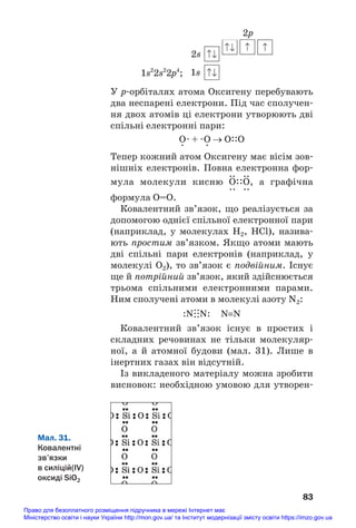 2p
2s
1s
У р#орбіталях атома Оксигену перебувають
два неспарені електрони. Під час сполучен#
ня двох атомів ці електрони утворюють дві
спільні електронні пари:
О· + ·О → О::О
. .
Тепер кожний атом Оксигену має вісім зов#
нішніх електронів. Повна електронна фор#
.. ..
мула молекули кисню O::O, а графічна
.. ..
формула О=О.
Ковалентний зв’язок, що реалізується за
допомогою однієї спільної електронної пари
(наприклад, у молекулах Н2, HCl), назива#
ють простим зв’язком. Якщо атоми мають
дві спільні пари електронів (наприклад, у
молекулі О2), то зв’язок є подвійним. Існує
ще й потрійний зв’язок, який здійснюється
трьома спільними електронними парами.
Ним сполучені атоми в молекулі азоту N2:
:N.
:.
:N: N≡N
Ковалентний зв’язок існує в простих і
складних речовинах не тільки молекуляр#
ної, а й атомної будови (мал. 31). Лише в
інертних газах він відсутній.
Із викладеного матеріалу можна зробити
висновок: необхідною умовою для утворен#
83
1s2
2s2
2p4
;
Мал. 31.
Ковалентні
зв’язки
в силіцій(ІV)
оксиді SiO2
Право для безоплатного розміщення підручника в мережі Інтернет має
Міністерство освіти і науки України http://mon.gov.ua/ та Інститут модернізації змісту освіти https://imzo.gov.ua
 
