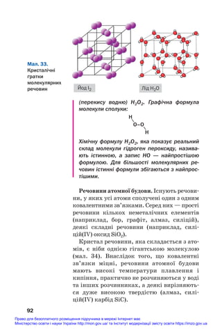 (перекису водню) Н2О2. Графічна формула
молекули сполуки:
92
Мал. 33.
Кристалічні
ґратки
молекулярних
речовин Йод І2 Лід Н2О
H
H
О–О
Хімічну формулу Н2О2, яка показує реальний
склад молекули гідроген пероксиду, назива
ють істинною, а запис НО — найпростішою
формулою. Для більшості молекулярних ре
човин істинні формули збігаються з найпрос
тішими.
Речовини атомної будови. Існують речови#
ни, у яких усі атоми сполучені один з одним
ковалентними зв’язками. Серед них — прості
речовини кількох неметалічних елементів
(наприклад, бор, графіт, алмаз, силіцій),
деякі складні речовини (наприклад, силі#
цій(IV) оксид SiO2).
Кристал речовини, яка складається з ато#
мів, є ніби однією гігантською молекулою
(мал. 34). Внаслідок того, що ковалентні
зв’язки міцні, речовини атомної будови
мають високі температури плавлення і
кипіння, практично не розчиняються у воді
та інших розчинниках, а деякі вирізняють#
ся дуже високою твердістю (алмаз, силі#
цій(IV) карбід SiC).
Право для безоплатного розміщення підручника в мережі Інтернет має
Міністерство освіти і науки України http://mon.gov.ua/ та Інститут модернізації змісту освіти https://imzo.gov.ua
 