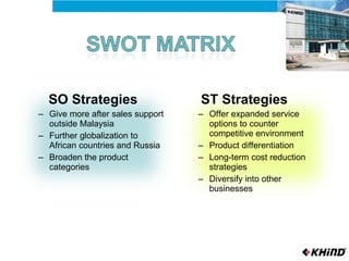 SO Strategies Give more after sales support outside Malaysia Further globalization to African countries and Russia Broaden the product categories  ST Strategies Offer expanded service options to counter competitive environment Product differentiation Long-term cost reduction strategies Diversify into other businesses  
