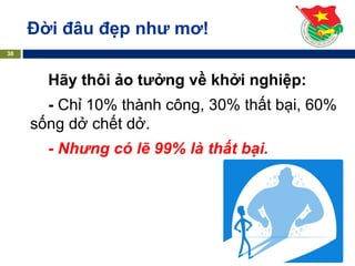 Đời đâu đẹp như mơ!
38
Hãy thôi ảo tưởng về khởi nghiệp:
- Chỉ 10% thành công, 30% thất bại, 60%
sống dở chết dở.
- Nhưng có lẽ 99% là thất bại.
 