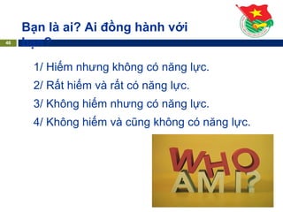 Bạn là ai? Ai đồng hành với
bạn?
46
1/ Hiếm nhưng không có năng lực.
2/ Rất hiếm và rất có năng lực.
3/ Không hiếm nhưng có năng lực.
4/ Không hiếm và cũng không có năng lực.
 