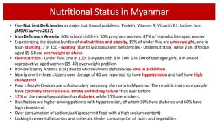 Nutritional Status in Myanmar
• Five Nutrient Deficiencies as major nutritional problems: Protein, Vitamin A, Vitamin B1, ...