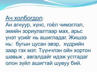 Ачхолбогдол: Ан агнуур, хүнс, гоёл чимэглэл, эмийн зориулалтаар мах, арьс үнэт үсийг нь ашигладаг. Жишээ нь:  бугын цусан эвэр,  хүдрийн заар гэх мэт. Түүнчлэн ойн хортон шавьж , авгалдайг идэж устгадаг олон зүйл ашигтай шувуу бий. 