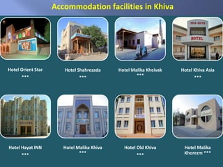 Hotel Orient Star
***
Hotel Shahrezada
***
Hotel Malika Kheivak
***
Hotel Khiva Asia
***
Hotel Hayat INN
***
Hotel Malika Khiva
***
Hotel Old Khiva
***
Hotel Malika
Khorezm ***
Accommodation facilities in Khiva
 